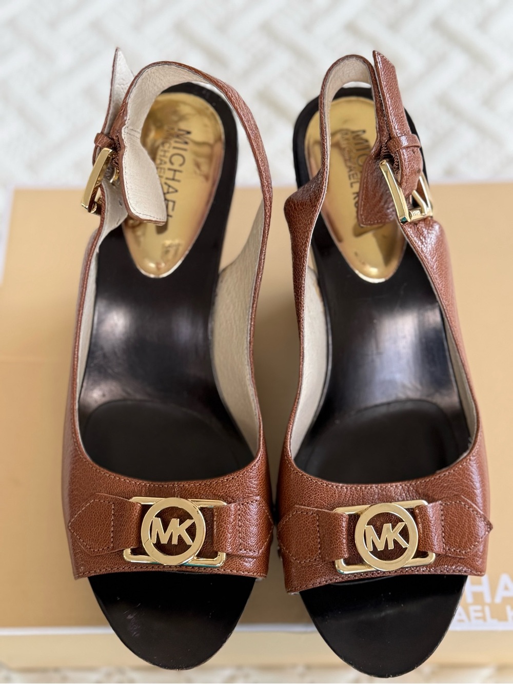 Michael Kors Brown Leather Open-Toe Slingback Heels with Gold MK Accent